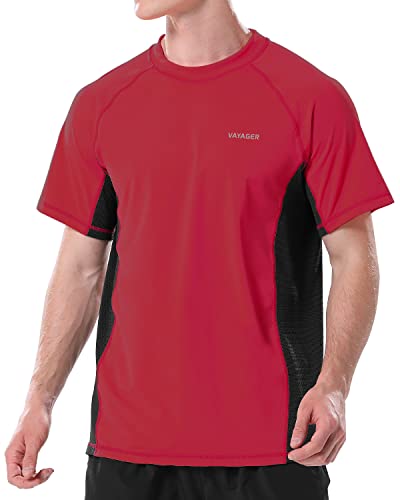 Vayager Mens Swim Rash Guard Shirts Short Sleeve Loose Fit Sun Protection Water Surfing Beach Fishing Shirts Upf 50+(Red-Black-4Xl) #TOP1