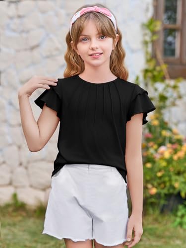 Image of Haloumoning Girls Pleated Ruffle Short Sleeve Shirts Kids Summer Crewneck T-Shirts Fashion Tops Tees 5-14 Years