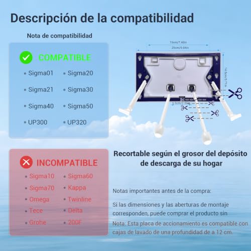 Miniatura 6 de Mendorio Placa De Accionamiento Wc, Compatible Con Geberit, Sigma, Up300 Y Up320, Tamaño De La Placa De Doble Descarga 245 164mm, Incluye Kit De Palanca De Descarga Y Marco De Instalación. Cromado .