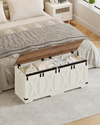 Hzuaneri Banco de Almacenamiento, Banco con Espacio de Almacenamiento, Banco con Bisagras de Seguridad, Mueble de Almacenaje, 40 x 120 x 48 cm, para Pasillo, Dormitorio, Blanco Marrón SB12014X