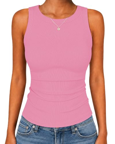 Ribbed Tank Tops High Neck Racerback Slim Fit 10 ribbed tank tops - pink