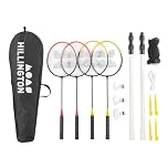 Hillington Badminton Set with Net for 4 Players - All-Weather Badminton Racket Set with 4 Rackets, 3 Shuttlecocks, Poles & Anchors and Carry Bag - Easy Setup Portable Badminton Net for Garden & Beach