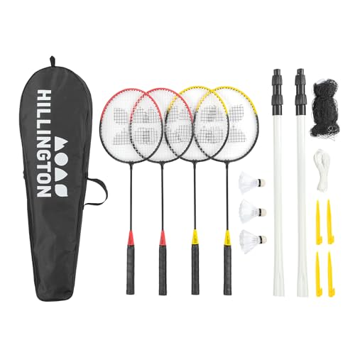 Hillington Badminton Set with Net for 4 Players - All-Weather Badminton Racket Set with 4 Rackets 3 Shuttlecocks Poles & Anchors and Carry Bag - Easy Setup Portable Badminton Net for Garden & Beach