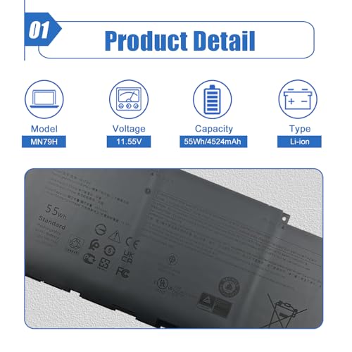 Image of 55Wh MN79H Laptop Battery Replacement for Dell XPS 13 Plus 9320 XPS9320-7523BLK-PUS XPS9320-7585SLV-PUS Series Notebook J7H5M 0J7H5M NXRKW 0NXRKW 11.55V