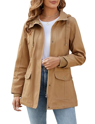 Tuopuda Veste Femme mi Saison Parka en Coton Blouson avec Capuche Décontracté Manteau Printemps Veste Militaire Zipper Jacket Coat Classique Automne Hiver Outwear, kaki, M