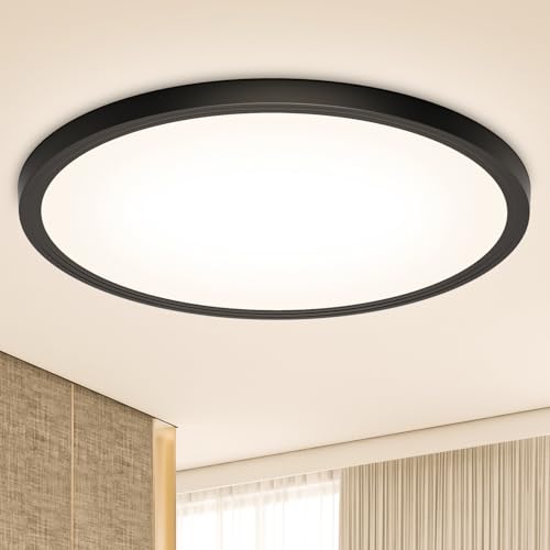 Deckenlampe Schwarz LED Deckenleuchte Flach, Ø30CM 24W 2400LM 3000K Warmweiß Rund Lampe Decke Badlampe IP44 Modern Küchenlampe für Wohnzimmer Schlafzimmer Badezimmer Kinderzimmer Bad Flur Keller Küche