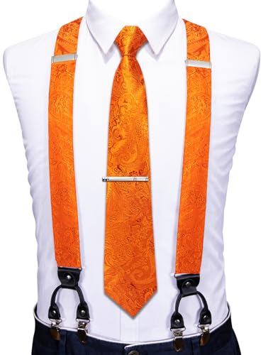 Image of Barry.Wang Men Suspender Set with Necktie Elastic Y Type Heavy Duty 6 Clips Braces Tie Handkerchief Cufflink Pin 6PCS, Solid Light Orange Floral