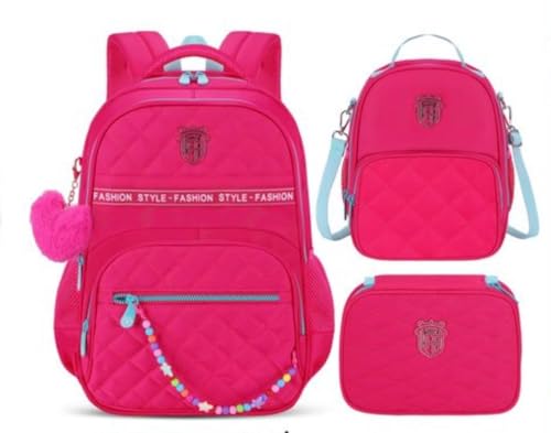 Kit Mochila Escolar Menina de Costas RB, Lancheira Térmica e Estojo Box Estiloso Moda chaveiros (Rosa)