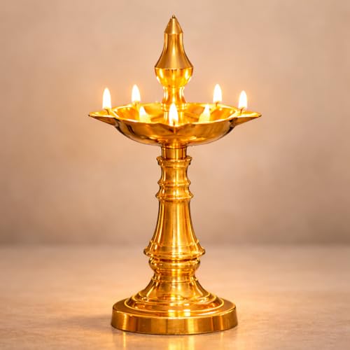 Image of Premium 100% Pure Brass Diya Kerala Samai 9.1 Inch (Set of 2) Oil Lamp Deepak Lamp Kutthu vilakku Panchmahal Deepam for Pooja Mandir Diwali Indian Puja Ganesh Chaturthi Return Gift