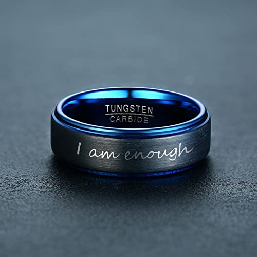 MPRAINBOW I Am Enough Inspirational Jewelry-Tungsten Carbide Band Ring Black Blue Motivating Quote Engraving Encouragement Birthday Graduation Frienship Gift For Men Women