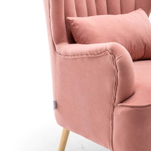 Image of House Solid Wood Wing Chair for Living Room, Arm with Ottoman /Footrest for Bedroom, Velvet Accent Chair with Pouffes, High Back Occasional Tub Chairs with Foot Stool (Pink)