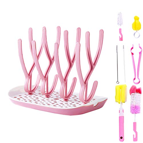 TANGGER Rosa Escurridor de Biberones & Conjunto de 7 piezas Cepillos para Biberones Escurre Biberon,Libre de BPA