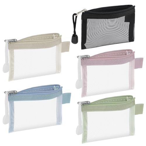 WLLHYF 5 Pack Mini Netztaschen mit Reißverschluss, Makeup Organizer Tragbar Reise Kosmetiktasche Kit Beauty Accessoires Halter Tasche Aufbewahrung Münzgeldbörse für Kleine Gegenstände Schlüssel