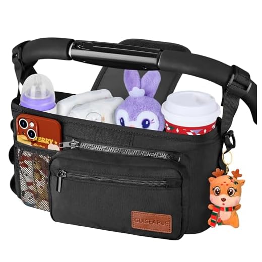 Guiseapue Universal Stroller Organizer with Cup Holder Detachable Phone Bag and Shoulder Strap, Stroller Caddy Fits for Stroller Accessories like Uppababy, Baby Jogger, Doona, Nuna Stroller