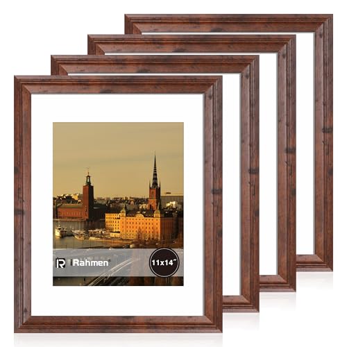 Image of iRahmen 11x14 Vintage Picture Frame with Mat 8x10 - High Definition Tempered Glass Wooden Photo Frames for Wall Mounting (Brown, Set of 4)