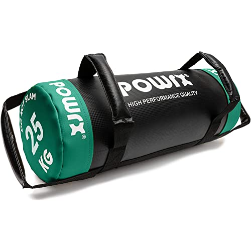 POWRX Power Bag - Bolsa de piel sintética de entre 5-30 kg de peso, ideal para practicar fitness funcional, 25 kg Schwarz/Dunkelgrün