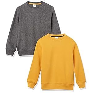 Amazon Essentials Boys’ Fleece Crew-Neck Sweatshirts, Pack of 2, Grey/Charcoal Heather/Golden Yellow, Small