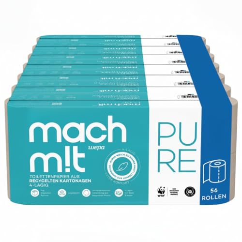 Premium Toilettenpapier 4-lagig - 56 Rollen - mach m!t PURE – frei von Bleichmitteln - aus recyceltem Karton - extrem weich & umweltschonend - Made in Germany - recycelbar - 130 Blatt je Klorolle