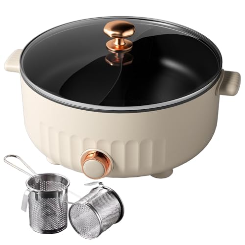 ARTSIM Appareil Fondue Chinoise, Feu à Trois Vitesses Appareil Fondue Chinoise Electrique IdéAl pour Les RéUnions De Famille (avec 2 Filets Non éTanches),White