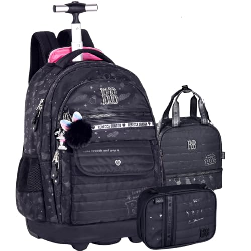 Kit Mochila Escolar Rb Rebecca Bonbon Rodinha Carrinho Estojo E Lancheira Holográfica Pompom (preto)