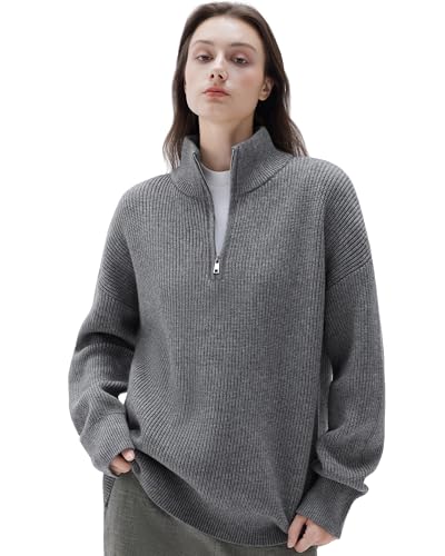 Image of SUUKSESS Women Cashmere Blend Oversized Quarter Zip Pullover Sweater Long Sleeve Collared Ribbed Knit Jumper Tops