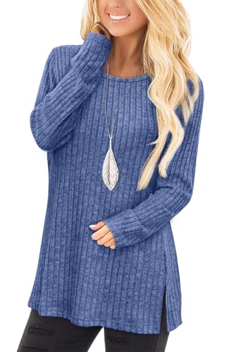 Image of Jescakoo Long Sleeve Shirts for Women Crew Neck Fall Tops Side Split Lightweight Tunic Sweaters Fashion Clothes 2025 S-4XL