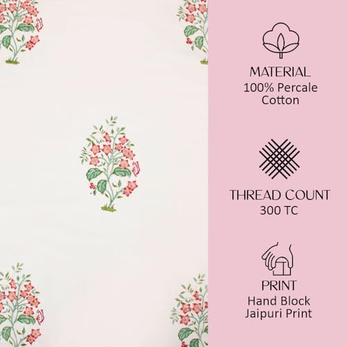 Image of Premium Bedsheet with 2 Pillow Covers I Hand Block I Pure & Soft Percale Cotton I 300 TC I 90x108 inches (King Size Double Bed Bedcover) I Floral Pattern I Peach & Green