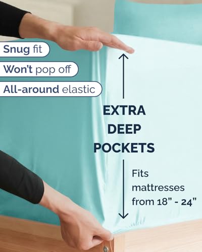 Image of Extra Deep Twin XL Sheet Set - 4 Piece Breathable Cooling Sheets - Spa Blue | Hotel Luxury Bed Sheets Set, Easy & Secure Fit, Ultra-Soft, Wrinkle & Fade Free, Comfy Sheets Set with Extra Deep Pockets