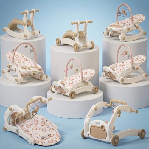 Image of Baybee 8 in 1 Rocker for Babies with Music Toy Bar, Soft Fabric, Food Tray, Tool Free Installation | Multi-Function Push Walker, Ride-On, Play Gym & Rocking Chair | Baby Bouncers & Rockers for 0-3 Years (White & Beige)