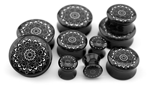 Urban Body Jewelry Pair of 1/2" Gauge (12mm) Black Mandala Flower Plugs - Double Flare