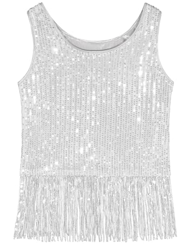 Noomelfish Girls Sequin Fringe Crop Tops Tassel Sparkly Glitter Dance Sleeveless Tank Shirt (5-12 Years)