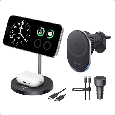 Anker MagGo Qi2 15W 2-in-1 Magnetic Charging Stand & Prime Qi2 25W MagSafe Wireless Car Charger with AirCool TEC Cooling Bundle, Fast Charging for iPhone, AirPods & Apple Watch