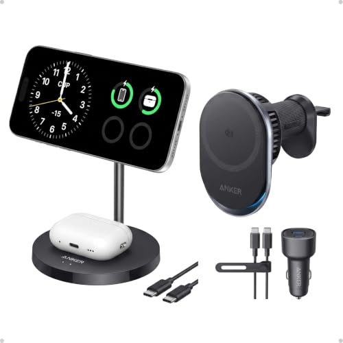 Anker MagSafe Compatible MagGo Charger Stand, iPhone 17 Wireless Charger, 2-in-1 Charging Station & Prime MagSafe Car Mount Charger, Qi2 25W Certified Wireless Car Charger with AirCool