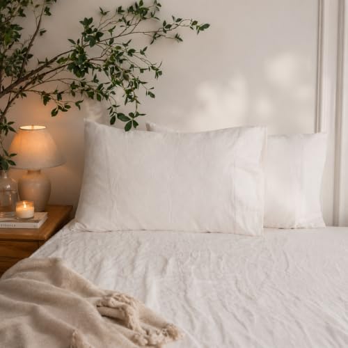 Simple&Opulence Linen Pillowcases 1 Pair Basic Style 55% Euro Linen 45% Cotton Blend Solid Color Flax Shams Set of 2, Standard Queen Size 20"x30", White
