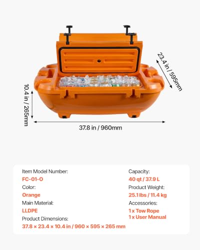 Image of VEVOR Floating Cooler 40 QT Floating Ice Chest with Wheels & Tow Rope, Premium LLDPE Amphibious Beverage Cooler for Water & Land, Stable Cruising on Lake, River, Seashore, Beach, Kayak