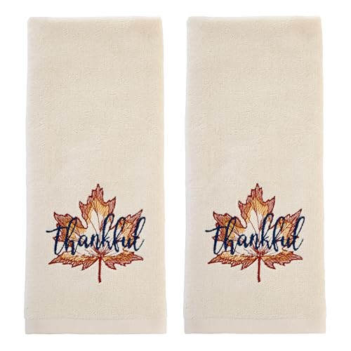 SKL Home Autumn/Fall Thankful Leaf 100% Cotton Embroidered 2pc Hand Towel Set, Decorative for Bath/Kitchen/Bar & Gift, Natural