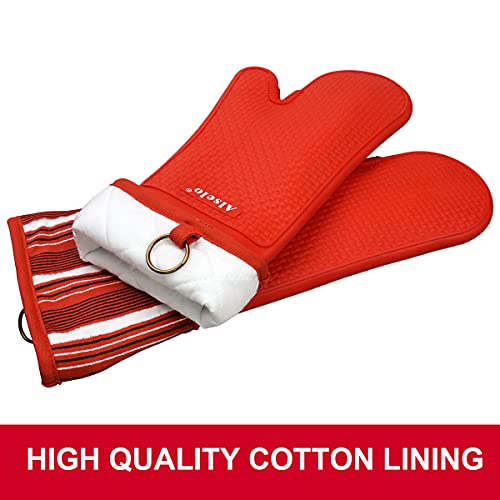 Alselo Silicone Oven Mitts Heat Resistant 550 Degree, Extra Long Kitchen Mittens With Non-Slip And Waterproof Pot Holders For Baking Cooking Barbecue Microwave Machine Washable(Extra Long Red, 2) #TOP4