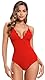 SHEKINI Damen Einteiliger Badeanzug Tiefer V Ausschnit Rückenfrei Bademode Verstellbar Schnürung Geknotete Slim Monokini Swimsuit(S,Rot)