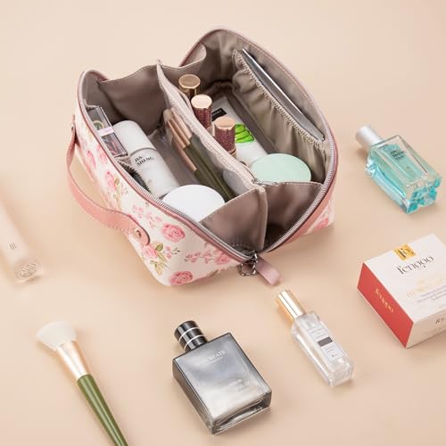 Travel Makeup Bag，Large-capacity waterproof cosmetic bag，Travel bags and toiletries bags for women，PU leather material，Multi-zone and large opening design (Rose Gold flower)2