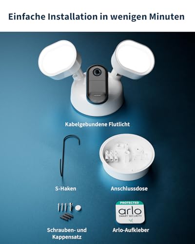 Arlo 2K Flutlichtkamera, Überwachungskamera Aussen WLAN, 2K HDR, Kabelgebunden, 160° Weitwinkel, Bewegungsmelder, Farbnachtsicht, LED Licht, 2-Wege-Audio, Alarm, Sirene, Secure Testzeitraum