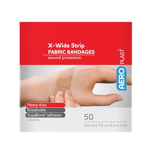 AEROPLAST Premium Fabric X‑Wide Strip plasters, breathable heavy‑duty adhesive bandages with SupaBond strong hold, hypo‑allergenic and latex‑free for sensitive skin, 7.5 cm x 2.5 cm, box of 50