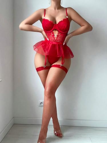 Image of Alrovetoney Women Lingerie Set Naughty Lace Bodysuit High Waisted Underwire Lingerie Babydoll With Garter Belt and Stockings