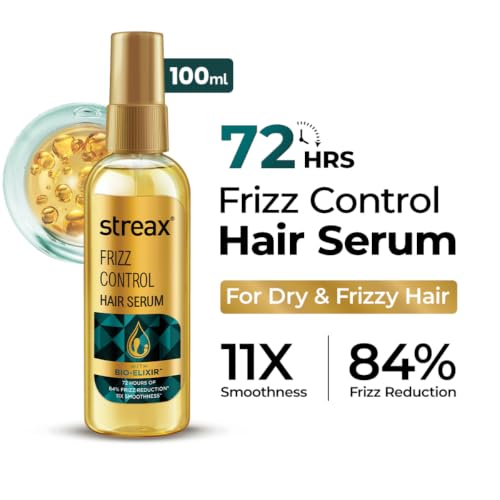 Image of Streax Frizz Control Hair Serum for Dry Frizzy Hair- 200 ml, 72hrs Frizz Free Hair, For Women & Men, With Bio - Elixir, 84% Frizz Reduction & 11X smoothness