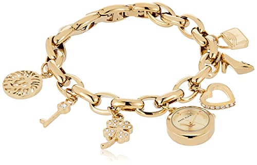 Anne Klein Women's Premium Crystal Accented Gold-Tone Charm Bracelet Watch, 10/7604CHRM