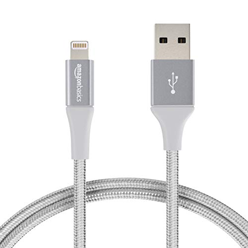 Amazon Basics Double Braided Nylon Lightning to USB Cable, Advanced Collection, MFi Certified Apple iPhone Charger, Silver, 3 Foot