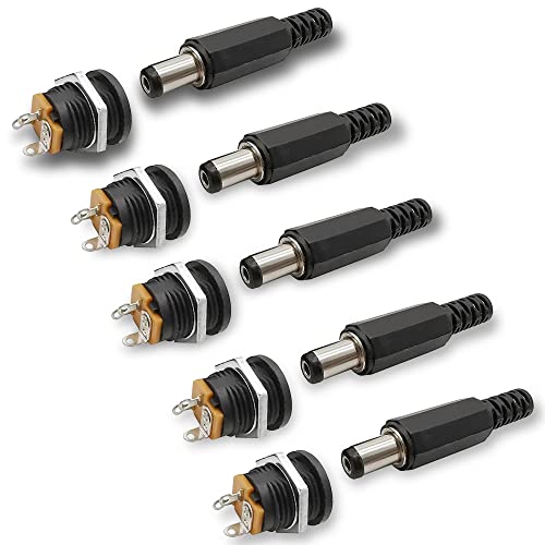 Image of Multipurpose Universal Output DC Adopter Jack (5.5 mm x 2.1 mm) Male PIN Female Socket Panel Mount 12V, 9V, 5V Power Supply Plug Connectors for Students DIY College Projects (5 Male + 5 Female)