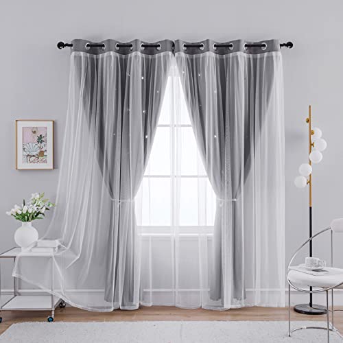 Anytime 2 Panels Star Blackout Curtains For Girls Kids Baby Bedroom Window Curtain Double Layer Star Cut Out Living Room Decor Wall Home Decorations Curtain（W52 X L63,Grey） #TOP2