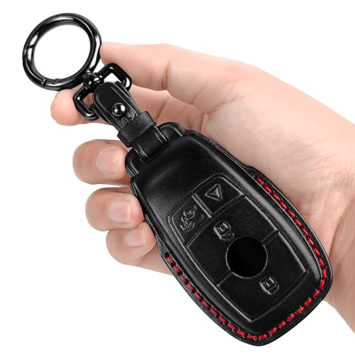 Tukellen for Mercedes Benz key fob cover Genuine Leather with keychain Leather Protector Key case compatible with 2017-2023 E-Class 2018-2021 S-Class 2019-2023 A-Class C-Class G-Class-Black (Red line)