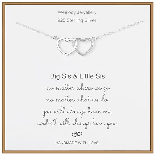 Weelody Big Sis Little Sis Gifts, 925 Sterling Silver Double Heart Necklace, Birthday Gifts for Sister, Big Sis Lil Sis Necklace