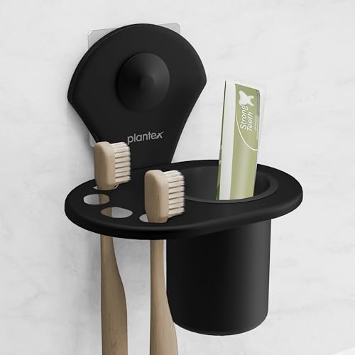 Image of Plantex Royal Self Adhesive Stainless Steel Tooth Brush Holder /Tumbler Holder /Bathroom Accessories (Black, Powder Coated)
